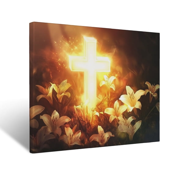 CozyNet Glowing Cross Glowing Softly In Radiant Golden Light Surrounded By Lilies Powerful Symbol Of Wall Art Prints With Frame Canvas Perfect for Living Room & Bedroom, Wall Decor 12"x16"