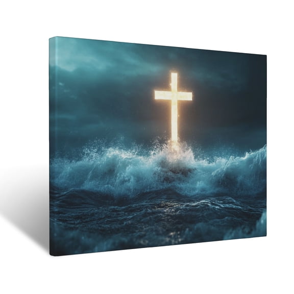 CozyNet Glowing Cross Standing Among Waves, Symbolizing Peace During Trials Wall Art Prints With Frame Canvas Perfect for Living Room & Bedroom, Ready to Hang, Wall Decor 12"x16"