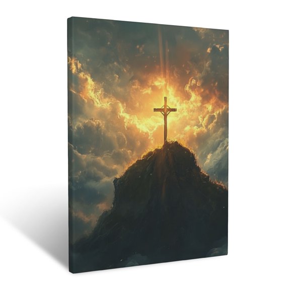 CozyNet Glowing Cross Standing Firm On A Hilltop With Radiant Golden Sunlight Breaking Through Clouds Wall Art Prints With Frame Canvas Perfect for Living Room & Bedroom, Wall Decor 12"x16"