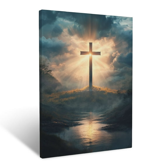 CozyNet Glowing Cross Standing Tall In A Tranquil Valley With Radiant Light Breaking Through Clouds H Wall Art Prints With Frame Canvas Perfect for Living Room & Bedroom, Wall Decor 12"x16"