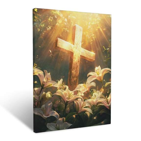 CozyNet Glowing Cross Surrounded By Lilies, Vibrant Sunlight Creating A Peaceful Atmosphere Wall Art Prints With Frame Canvas Perfect for Living Room & Bedroom, Ready to Hang, Wall Decor 12"x16"
