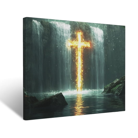 CozyNet Glowing Cross Surrounded By Cascading Waterfalls, Symbolizing Renewal & Grace Wall Art Prints With Frame Canvas Perfect for Living Room & Bedroom, Ready to Hang, Wall Decor 16"x20"