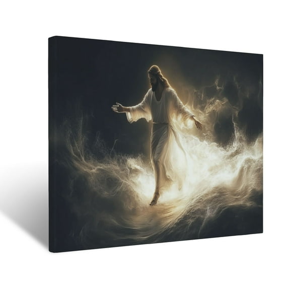 CozyNet Glowing Depiction Of Jesus Walking On Water, His Hand Extended To Calm The Storm Wall Art Prints With Frame Canvas Perfect for Living Room & Bedroom, Ready to Hang, Wall Decor 12"x16"