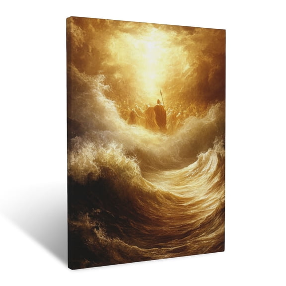 CozyNet A Glowing Depiction Of Moses Parting The Red Sea, With Dramatic Waves And Radiant Golden Light Wall Art Prints With Frame Canvas Perfect for Living Room & Bedroom, Wall Decor 16"x20"