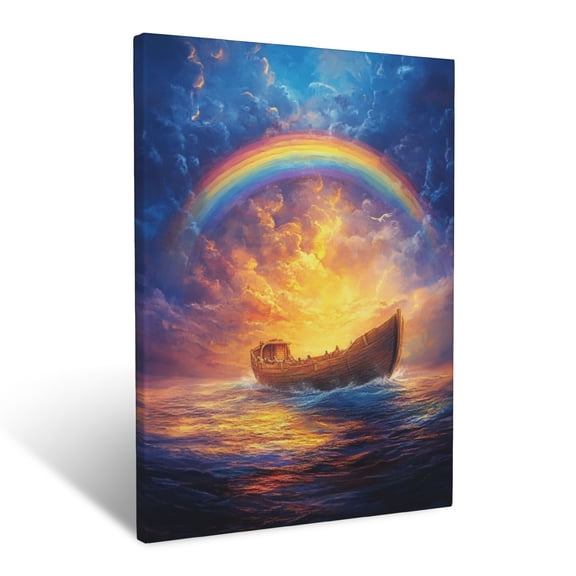 CozyNet A Glowing Depiction Of Noah Ark Floating Peacefully Under A Double Rainbow And Divine Light Wall Art Prints With Frame Canvas Perfect for Living Room & Bedroom, Wall Decor 12"x16"