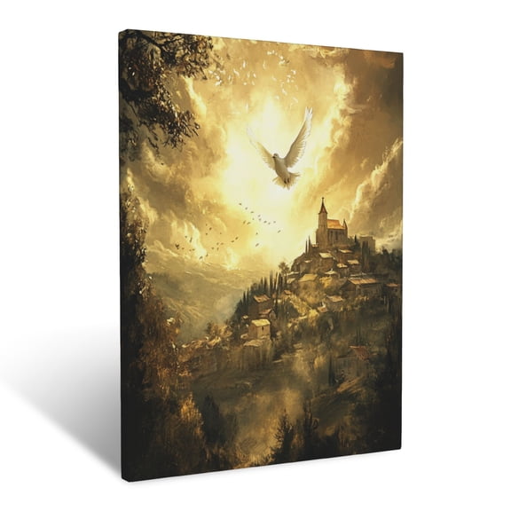 CozyNet Glowing Dove Descending Over A Small Village, Peaceful Clouds And Golden Rays Above Wall Art Prints With Frame Canvas Perfect for Living Room & Bedroom, Ready to Hang, Wall Decor 16"x20"