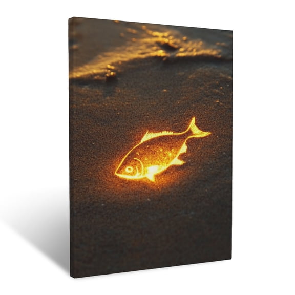 CozyNet A Glowing Fish Symbol Etched In The Sand, Illuminated Under The Warm Light Of A Setting Sun Wall Art Prints With Frame Canvas Perfect for Living Room & Bedroom, Wall Decor 12"x16"