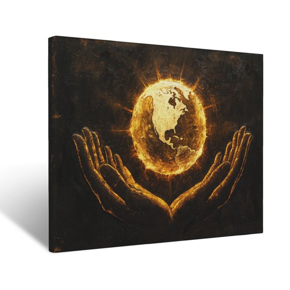 CozyNet Glowing Globe Encircled By The Light Of Divine Hands, Symbolizing Unity Wall Art Prints With Frame Canvas Perfect for Living Room & Bedroom, Ready to Hang, Wall Decor 12"x16"
