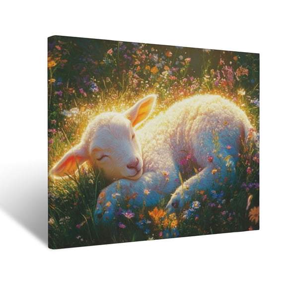 CozyNet Glowing Lamb Glowing In A Radiant Field Of Flowers Peaceful Image Of Purity, Care & God Gra Wall Art Prints With Frame Canvas Perfect for Living Room & Bedroom, Wall Decor 12"x16"