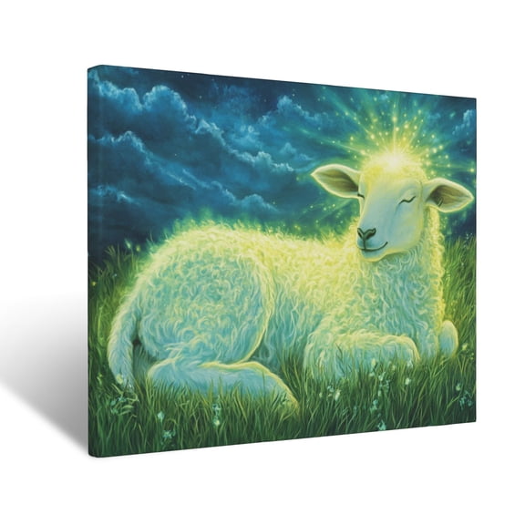 CozyNet Glowing Lamb Lying In A Peaceful Meadow, Radiating Purity & Serenity Under The Sky Wall Art Prints With Frame Canvas Perfect for Living Room & Bedroom, Ready to Hang, Wall Decor 12"x16"