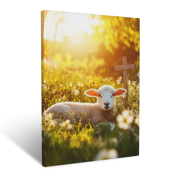 CozyNet Glowing Lamb Resting Under A Cross In A Blooming Meadow Under Radiant Sunlight Purity Eternal Wall Art Prints With Frame Canvas Perfect for Living Room & Bedroom, Wall Decor 12"x16"