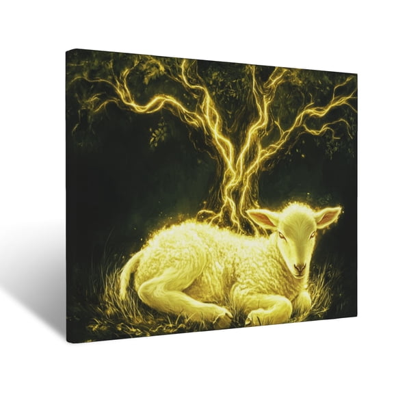 CozyNet Glowing Lamb Resting Under A Tree Of Life, Symbolizing Purity & Divine Protection Wall Art Prints With Frame Canvas Perfect for Living Room & Bedroom, Ready to Hang, Wall Decor 12"x16"