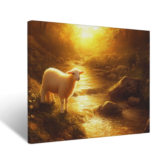 CozyNet Glowing Lamb Glowing Softly Beside A Radiant Stream In Golden Twilight Peaceful Image Symboli Wall Art Prints With Frame Canvas Perfect for Living Room & Bedroom, Wall Decor 12"x16"