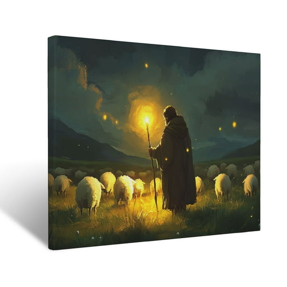 CozyNet Glowing Light Radiating From A Shepherd Crook In A Peaceful Field Of Sheep Wall Art Prints With Frame Canvas Perfect for Living Room & Bedroom, Ready to Hang, Wall Decor 12"x16"