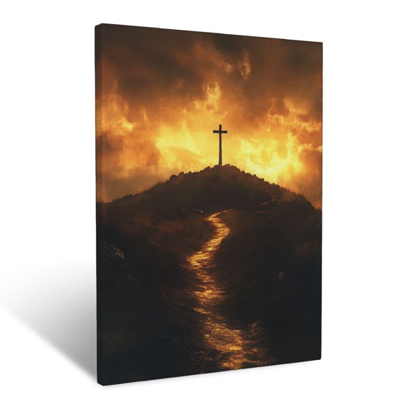 CozyNet A Glowing Path Leading To A Cross Silhouetted On A Hill Under A Bright Sky Wall Art Prints With Frame Canvas Perfect for Living Room & Bedroom, Ready to Hang, Wall Decor 12"x16"