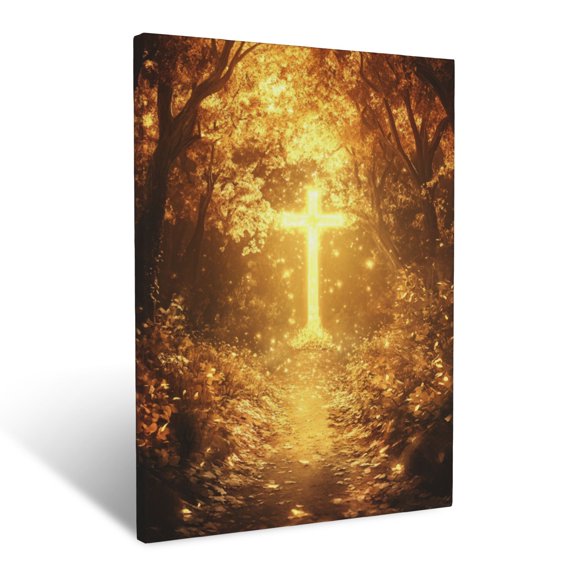 CozyNet A Glowing Path Surrounded By Golden Trees Leading To A Radiant Cross Wall Art Prints With Frame Canvas Perfect for Living Room & Bedroom, Ready to Hang, Wall Decor 12"x16"
