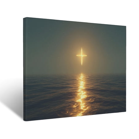 CozyNet Glowing Radiant Cross At The Center Of A Calm Ocean With Golden Ripples Wall Art Prints With Frame Canvas Perfect for Living Room & Bedroom, Ready to Hang, Wall Decor 12"x16"