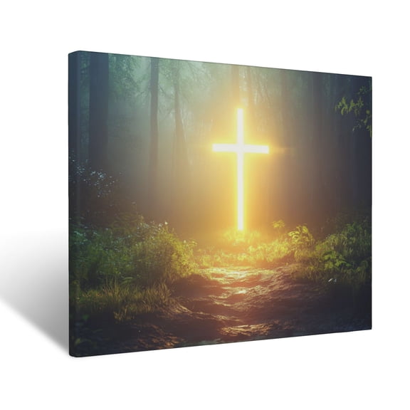 CozyNet Glowing Radiant Cross In The Middle Of A Tranquil Forest Bathed In Light Wall Art Prints With Frame Canvas Perfect for Living Room & Bedroom, Ready to Hang, Wall Decor 16"x20"