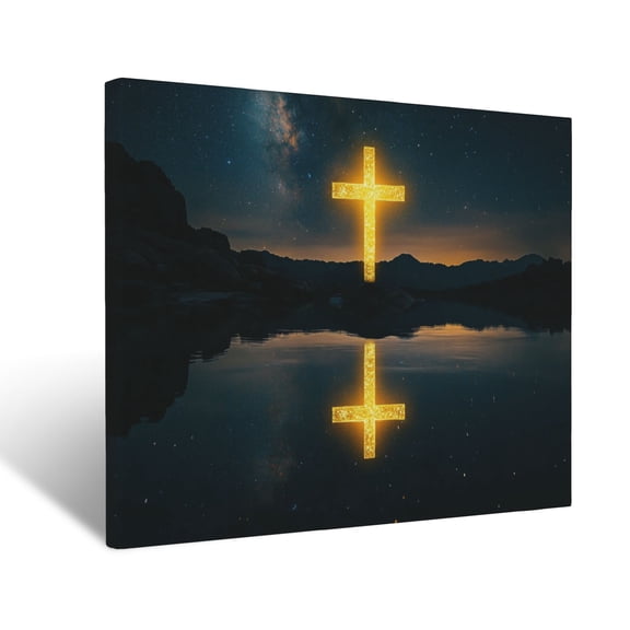 CozyNet Glowing Radiant Cross Reflected In Tranquil Waters Under A Starry Sky Wall Art Prints With Frame Canvas Perfect for Living Room & Bedroom, Ready to Hang, Wall Decor 12"x16"