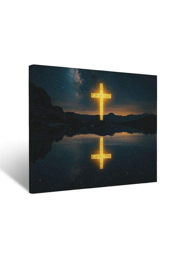 Glowing Radiant Cross Reflected In Tranquil Waters Under A Starry Sky Wall Art Prints With Frame Canvas Perfect for Living Room & Bedroom, Ready to Hang, Wall Decor 12"x16"