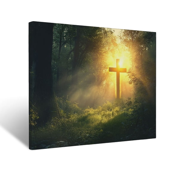 CozyNet Glowing Radiant Cross Shining Brightly In A Tranquil Forest At Sunrise Wall Art Prints With Frame Canvas Perfect for Living Room & Bedroom, Ready to Hang, Wall Decor 12"x16"