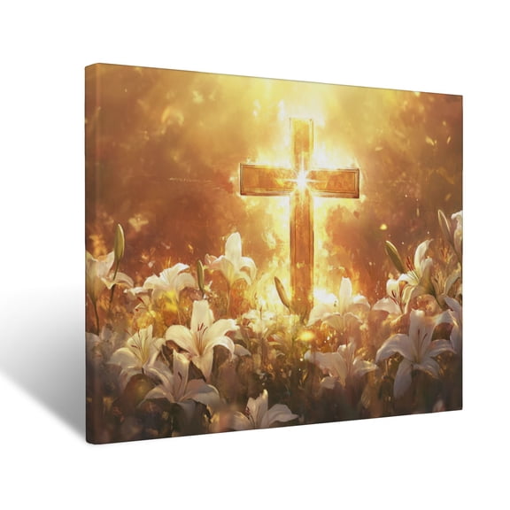 CozyNet Glowing Radiant Cross Surrounded By Blooming Lilies Under Golden Sunlight Wall Art Prints With Frame Canvas Perfect for Living Room & Bedroom, Ready to Hang, Wall Decor 12"x16"