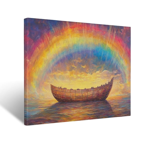 CozyNet Glowing Radiant Depiction Of Noah Ark Resting Under A Vibrant Rainbow Wall Art Prints With Frame Canvas Perfect for Living Room & Bedroom, Ready to Hang, Wall Decor 12"x16"