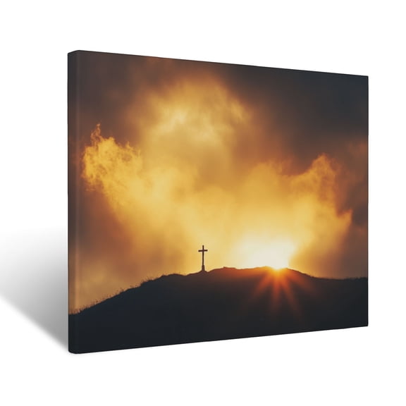 CozyNet Glowing Radiant Sunrise Breaking Through Dark Clouds Over A Hilltop Cross Wall Art Prints With Frame Canvas Perfect for Living Room & Bedroom, Ready to Hang, Wall Decor 12"x16"
