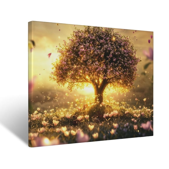 CozyNet Glowing Radiant Tree Surrounded By Blooming Flowers Symbolizing Eternal Life Wall Art Prints With Frame Canvas Perfect for Living Room & Bedroom, Ready to Hang, Wall Decor 12"x16"