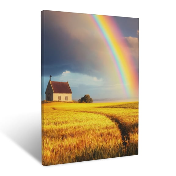 CozyNet Glowing Rainbow Arching Over A Peaceful Chapel Surrounded By Golden Fields God Covenant Wall Art Prints With Frame Canvas Perfect for Living Room & Bedroom, Ready to Hang, Wall Decor 12"x16"