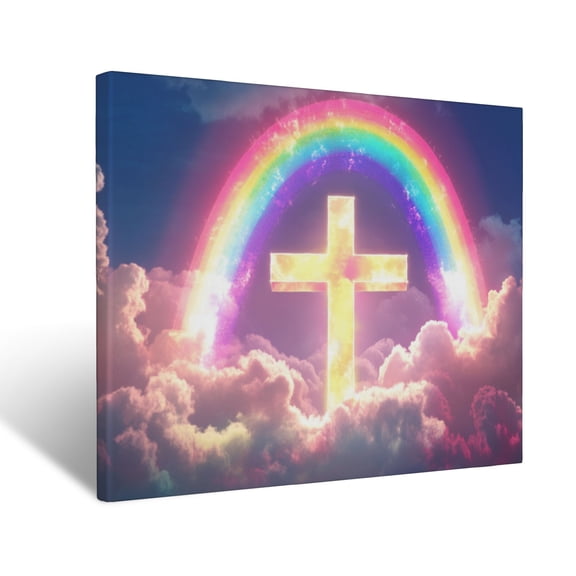 CozyNet Glowing Rainbow Encircling A Cross, Symbolizing God Covenant & Eternal Promises Wall Art Prints With Frame Canvas Perfect for Living Room & Bedroom, Ready to Hang, Wall Decor 12"x16"