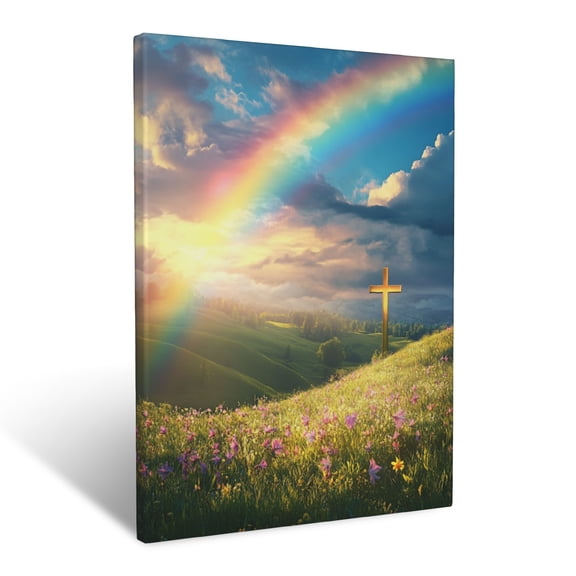 CozyNet Glowing Rainbow Over A Peaceful Meadow With A Radiant Cross At The Horizon Promise Of Hope Wall Art Prints With Frame Canvas Perfect for Living Room & Bedroom, Wall Decor 12"x16"