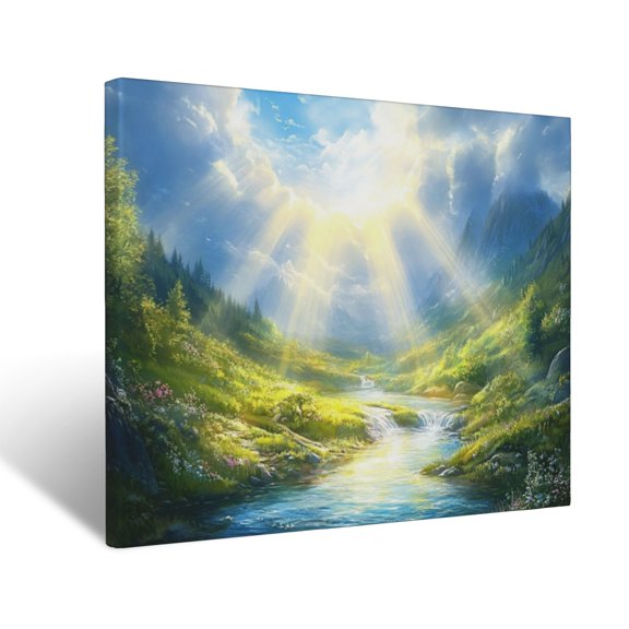 CozyNet Glowing River Flowing Into A Peaceful Valley, Surrounded By Heavenly Divine Rays Wall Art Prints With Frame Canvas Perfect for Living Room & Bedroom, Ready to Hang, Wall Decor 16"x20"