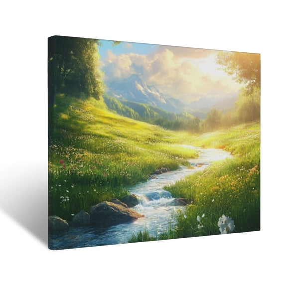 CozyNet Glowing River Of Life Flowing Through A Serene Meadow With Bright Light Wall Art Prints With Frame Canvas Perfect for Living Room & Bedroom, Ready to Hang, Wall Decor 12"x16"