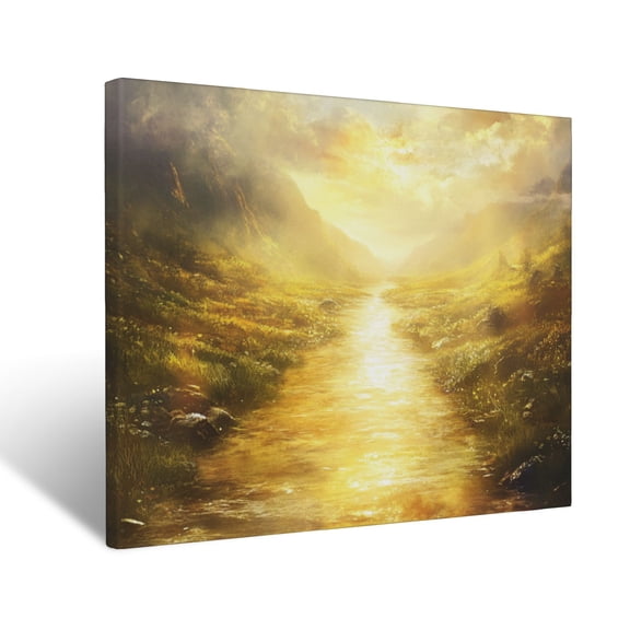 CozyNet Glowing River Of Life Flowing Through A Golden Heavenly Valley, Filled With Peace Wall Art Prints With Frame Canvas Perfect for Living Room & Bedroom, Ready to Hang, Wall Decor 12"x16"