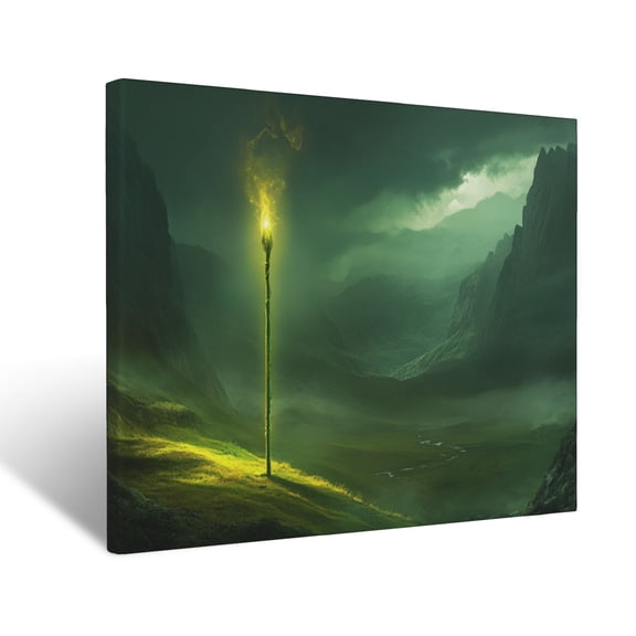 CozyNet Glowing Shepherd Staff Standing In A Green Valley, Symbolizing Guidance & Protection Wall Art Prints With Frame Canvas Perfect for Living Room & Bedroom, Ready to Hang, Wall Decor 12"x16"