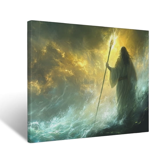 CozyNet Glowing Staff Of Moses Parting Waters, With Radiant Divine Light And Holy Power Wall Art Prints With Frame Canvas Perfect for Living Room & Bedroom, Ready to Hang, Wall Decor 12"x16"