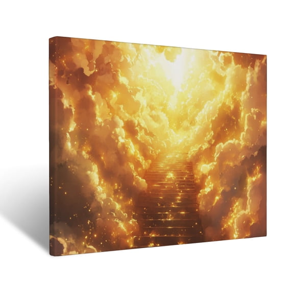 CozyNet Glowing Staircase Glowing Toward Radiant Clouds Of Golden Light Serene Image Symbolizing Eter Wall Art Prints With Frame Canvas Perfect for Living Room & Bedroom, Wall Decor 12"x16"