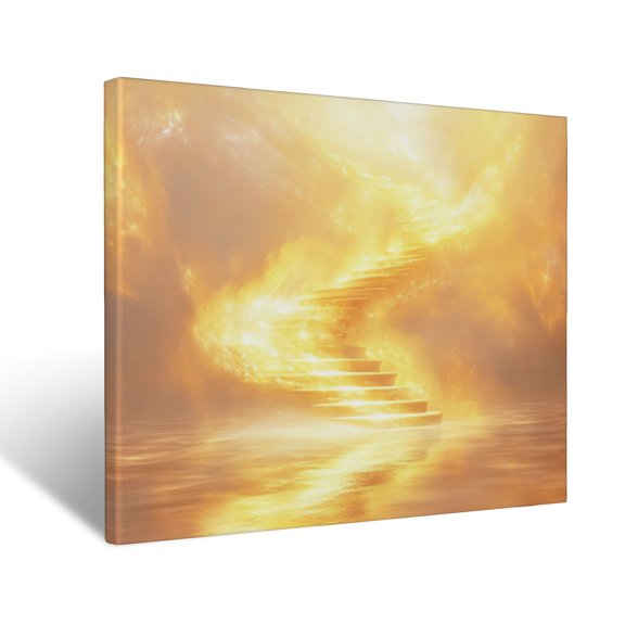 CozyNet Glowing Staircase Glowing Upward Into Radiant Golden Clouds Of Light Serene Symbol Of Divine Wall Art Prints With Frame Canvas Perfect for Living Room & Bedroom, Wall Decor 16"x20"