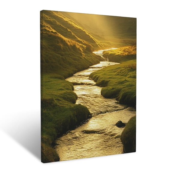 CozyNet Glowing Stream Flowing Through A Tranquil Meadow Under Golden Rays God Creation Wall Art Prints With Frame Canvas Perfect for Living Room & Bedroom, Ready to Hang, Wall Decor 12"x16"