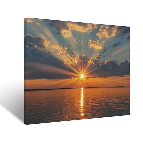 CozyNet Glowing Sunburst Cross Emerging From Serene Clouds Over Calm Waters Wall Art Prints With Frame Canvas Perfect for Living Room & Bedroom, Ready to Hang, Wall Decor 12"x16"