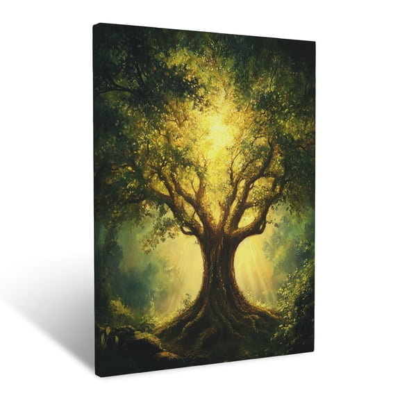 CozyNet A Glowing Tree Of Knowledge Surrounded By Vibrant Greenery, Illuminated Under Divine Soft Light Wall Art Prints With Frame Canvas Perfect for Living Room & Bedroom, Wall Decor 12"x16"