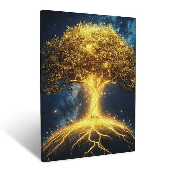 CozyNet Glowing Tree Of Life With Golden Roots Extending Into Radiant Earth Hope In Eternity Wall Art Prints With Frame Canvas Perfect for Living Room & Bedroom, Ready to Hang, Wall Decor 12"x16"