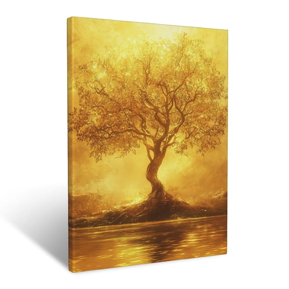 CozyNet A Glowing Tree Of Life Standing Tall, Its Branches Illuminated Softly Under A Serene Golden Sky Wall Art Prints With Frame Canvas Perfect for Living Room & Bedroom, Wall Decor 12"x16"