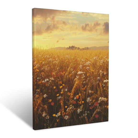 CozyNet Golden Hour Scene Of Wheat Fields Surrounded By Blooming Wildflower Clusters Wall Art Prints With Frame Canvas Perfect for Living Room & Bedroom, Ready to Hang, Wall Decor 16"x20"in