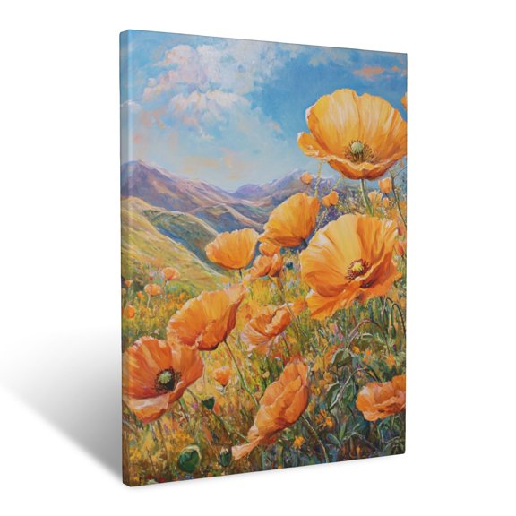 CozyNet Golden Poppies Blooming In A Sun Drenched Botanical Landscape Wall Art Prints With Frame Canvas Perfect for Living Room & Bedroom, Ready to Hang, Wall Decor 16"x20"in