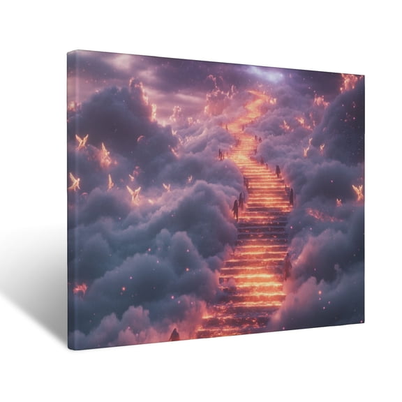 CozyNet Heavenly Staircase Ascending Into The Clouds, Glowing With Light & Angels Lining The Way Wall Art Prints With Frame Canvas Perfect for Living Room & Bedroom, Ready to Hang, Wall Decor 12"x16"