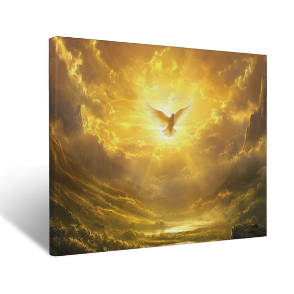 CozyNet Holy Dove Glowing With Radiant Light, Descending Onto A Peaceful Valley Under Golden Clouds Wall Art Prints With Frame Canvas Perfect for Living Room & Bedroom, Wall Decor 12"x16"