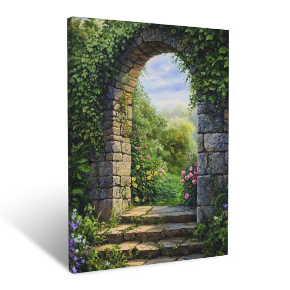 CozyNet Ivy Covered Stone Archway Leading Into A Secret Garden Full Of Blooms Wall Art Prints With Frame Canvas Perfect for Living Room & Bedroom, Ready to Hang, Wall Decor 12"x16"in
