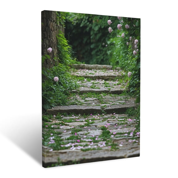 CozyNet Ivy Draped Stone Pathway With Scattered Blossoms And Soft Greenery Wall Art Prints With Frame Canvas Perfect for Living Room & Bedroom, Ready to Hang, Wall Decor 12"x16"in